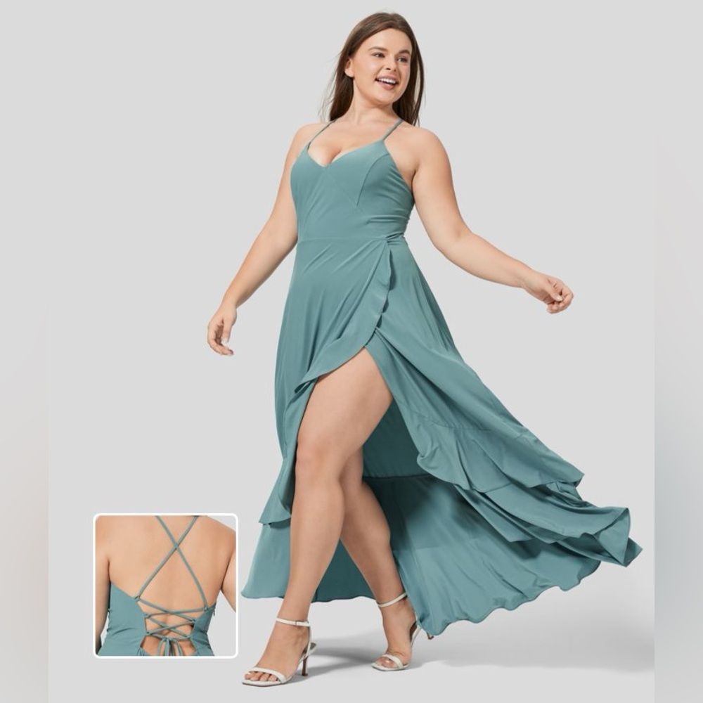 Halara Backless Crisscross Lace Up Side Zipper Ruffle Split Hem Maxi Dress plus